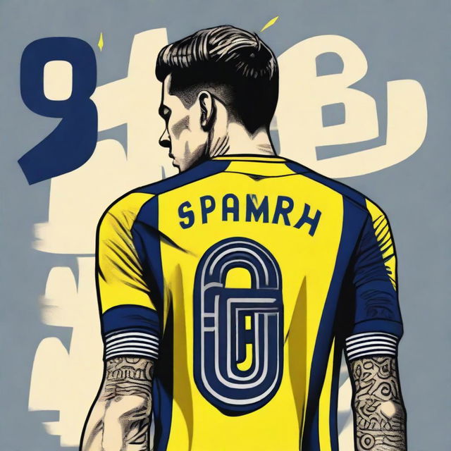 Artistic illustration of 'CELEN' from behind, donned in a sleek striped yellow and navy blue jersey embellished with his name and the number '68', an elegantly designed swallow tattoo gracing his left arm, as he steps confidently onto Fenerbahçe Ülker Stadium's pitch.