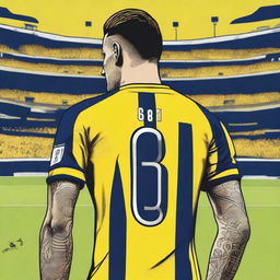 Artistic illustration of 'CELEN' from behind, donned in a sleek striped yellow and navy blue jersey embellished with his name and the number '68', an elegantly designed swallow tattoo gracing his left arm, as he steps confidently onto Fenerbahçe Ülker Stadium's pitch.