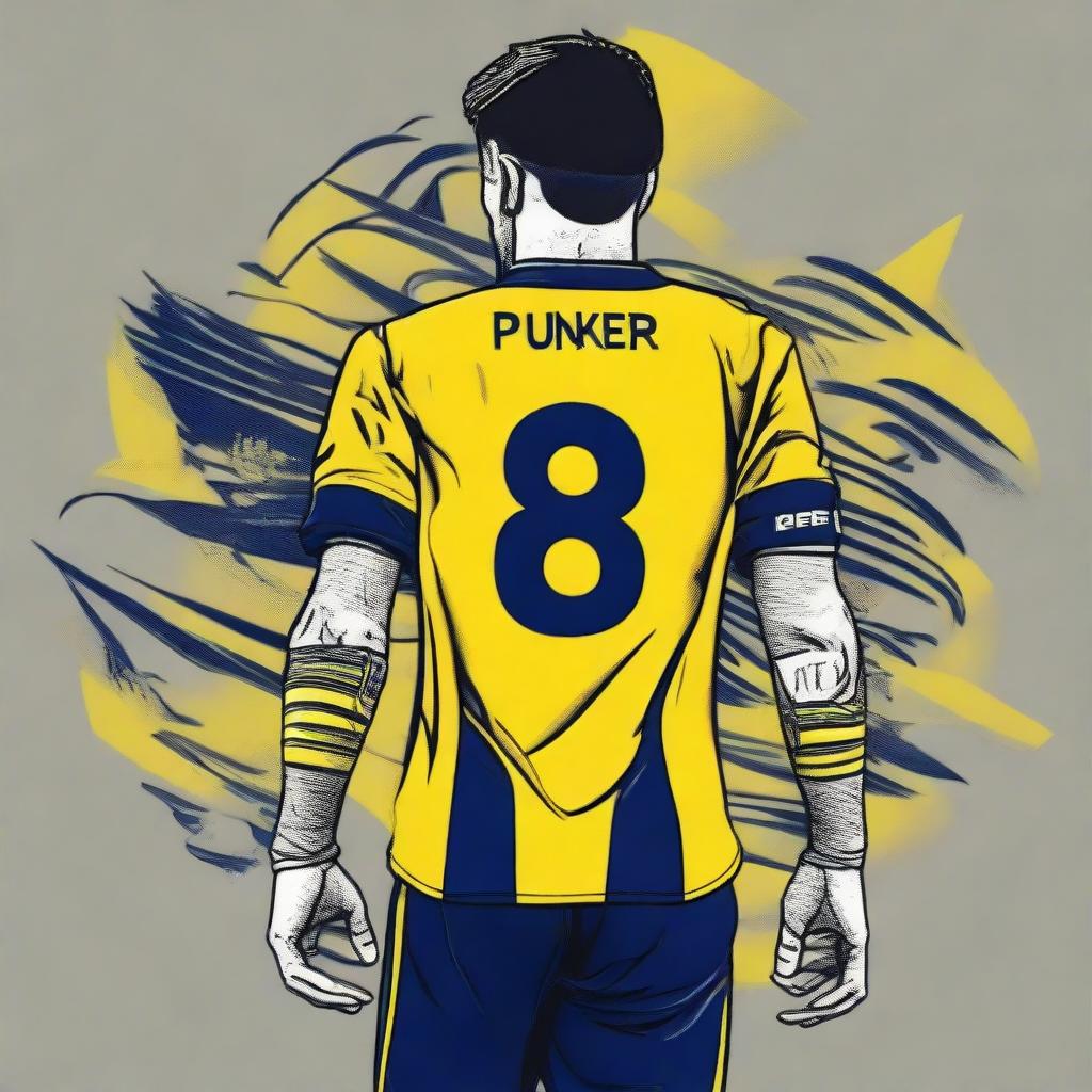 Artistic depiction of 'OMER' from the back, stylishly dressed in a striped yellow and navy blue jersey showcasing his name and the number '68', a graceful swallow tattoo on his left arm, confidently stepping onto Fenerbahçe Ülker Stadium's pitch.