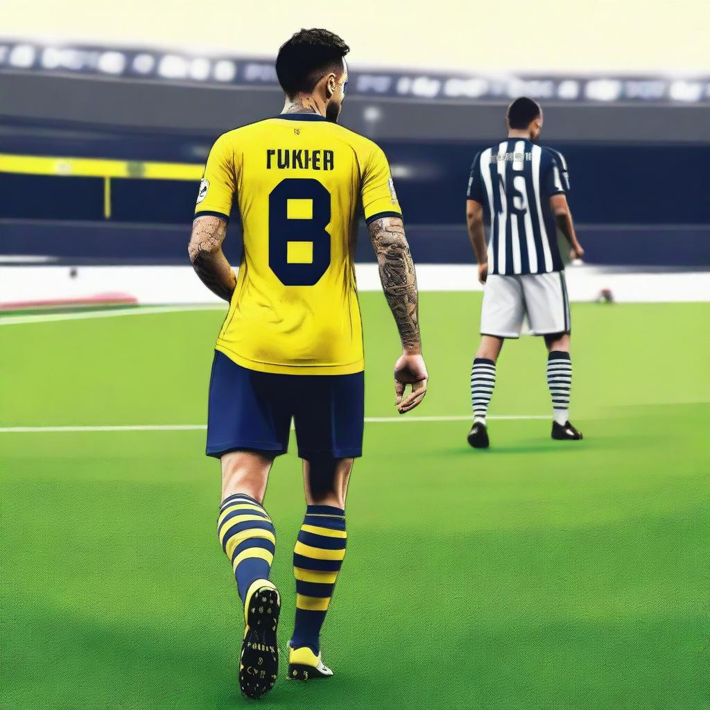 Artistic depiction of 'OMER' from the back, stylishly dressed in a striped yellow and navy blue jersey showcasing his name and the number '68', a graceful swallow tattoo on his left arm, confidently stepping onto Fenerbahçe Ülker Stadium's pitch.