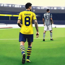 Artistic depiction of 'OMER' from the back, stylishly dressed in a striped yellow and navy blue jersey showcasing his name and the number '68', a graceful swallow tattoo on his left arm, confidently stepping onto Fenerbahçe Ülker Stadium's pitch.