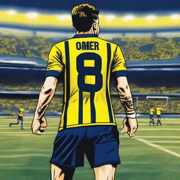 Artistic depiction of 'OMER' from the back, stylishly dressed in a striped yellow and navy blue jersey showcasing his name and the number '68', a graceful swallow tattoo on his left arm, confidently stepping onto Fenerbahçe Ülker Stadium's pitch.