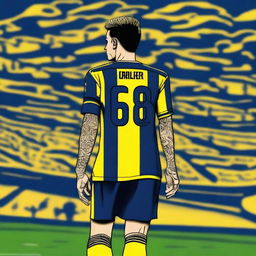 Artistic depiction of 'OMER' from the back, stylishly dressed in a striped yellow and navy blue jersey showcasing his name and the number '68', a graceful swallow tattoo on his left arm, confidently stepping onto Fenerbahçe Ülker Stadium's pitch.