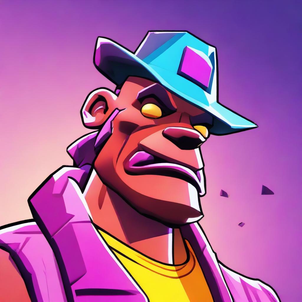 2D outline animated close-up of Fortnite's Beef Boss character in a state of confusion, showcasing expressive eyes and a vibrant color palette.