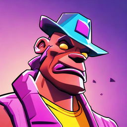 2D outline animated close-up of Fortnite's Beef Boss character in a state of confusion, showcasing expressive eyes and a vibrant color palette.