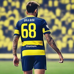 Artistic representation of 'Bünyamin' from the rear, donned in a sleek striped yellow and navy blue jersey displaying his name and the number '68', a delicate swallow tattoo on his left arm, confidently stepping onto the pitch at Fenerbahçe Ülker Stadium.