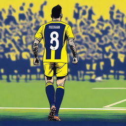 Artistic representation of 'Bünyamin' from the rear, donned in a sleek striped yellow and navy blue jersey displaying his name and the number '68', a delicate swallow tattoo on his left arm, confidently stepping onto the pitch at Fenerbahçe Ülker Stadium.