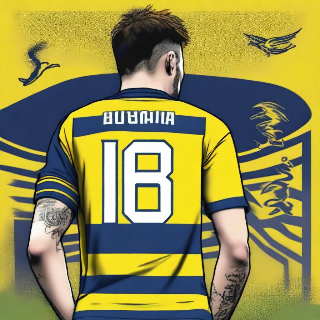 Artistic representation of 'Bünyamin' from the rear, donned in a sleek striped yellow and navy blue jersey displaying his name and the number '68', a delicate swallow tattoo on his left arm, confidently stepping onto the pitch at Fenerbahçe Ülker Stadium.