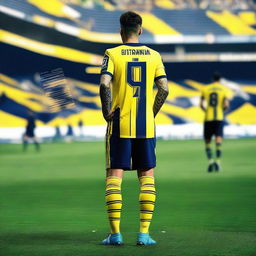 Artistic representation of 'Bünyamin' from the rear, donned in a sleek striped yellow and navy blue jersey displaying his name and the number '68', a delicate swallow tattoo on his left arm, confidently stepping onto the pitch at Fenerbahçe Ülker Stadium.