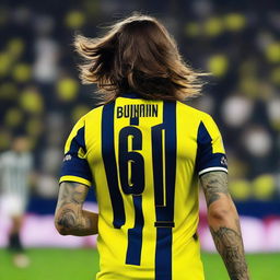 Artistically rendered scene of 'Bünyamin', with long hair, from the back, stylishly dressed in a sleek striped yellow and navy blue jersey with his name and the number '68', a elegant swallow tattoo on his left arm, as he confidently strides onto the pitch at Fenerbahçe Ülker Stadium.