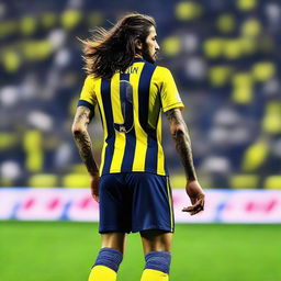 Artistically rendered scene of 'Bünyamin', with long hair, from the back, stylishly dressed in a sleek striped yellow and navy blue jersey with his name and the number '68', a elegant swallow tattoo on his left arm, as he confidently strides onto the pitch at Fenerbahçe Ülker Stadium.