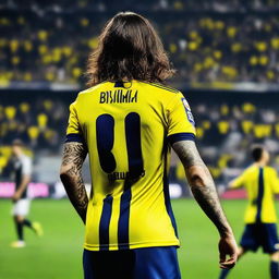 Artistically rendered scene of 'Bünyamin', with long hair, from the back, stylishly dressed in a sleek striped yellow and navy blue jersey with his name and the number '68', a elegant swallow tattoo on his left arm, as he confidently strides onto the pitch at Fenerbahçe Ülker Stadium.