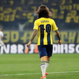 Artistically rendered scene of 'Bünyamin', with long hair, from the back, stylishly dressed in a sleek striped yellow and navy blue jersey with his name and the number '68', a elegant swallow tattoo on his left arm, as he confidently strides onto the pitch at Fenerbahçe Ülker Stadium.