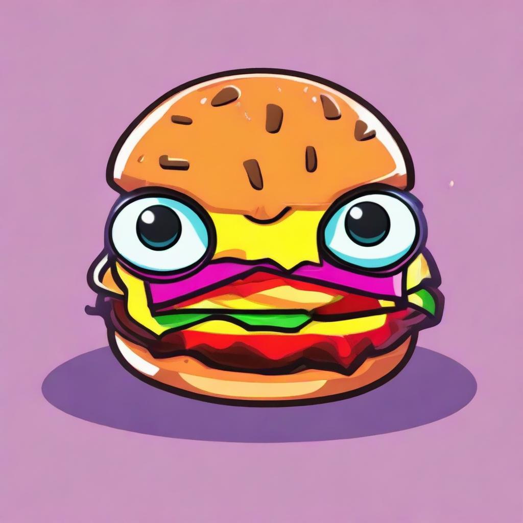 2D outline animated close-up of Fortnite's Hamburger skin with eyes, featuring a confused expression, expressive gaze, and vibrant colors.