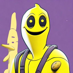 2D outline animated close-up of Fortnite's Peely character showing confusion, with expressive eyes and the vibrant yellow of a ripe banana.