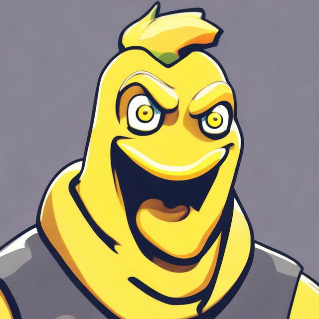 2D outline animated close-up of Fortnite's Peely character showing confusion, with expressive eyes and the vibrant yellow of a ripe banana.