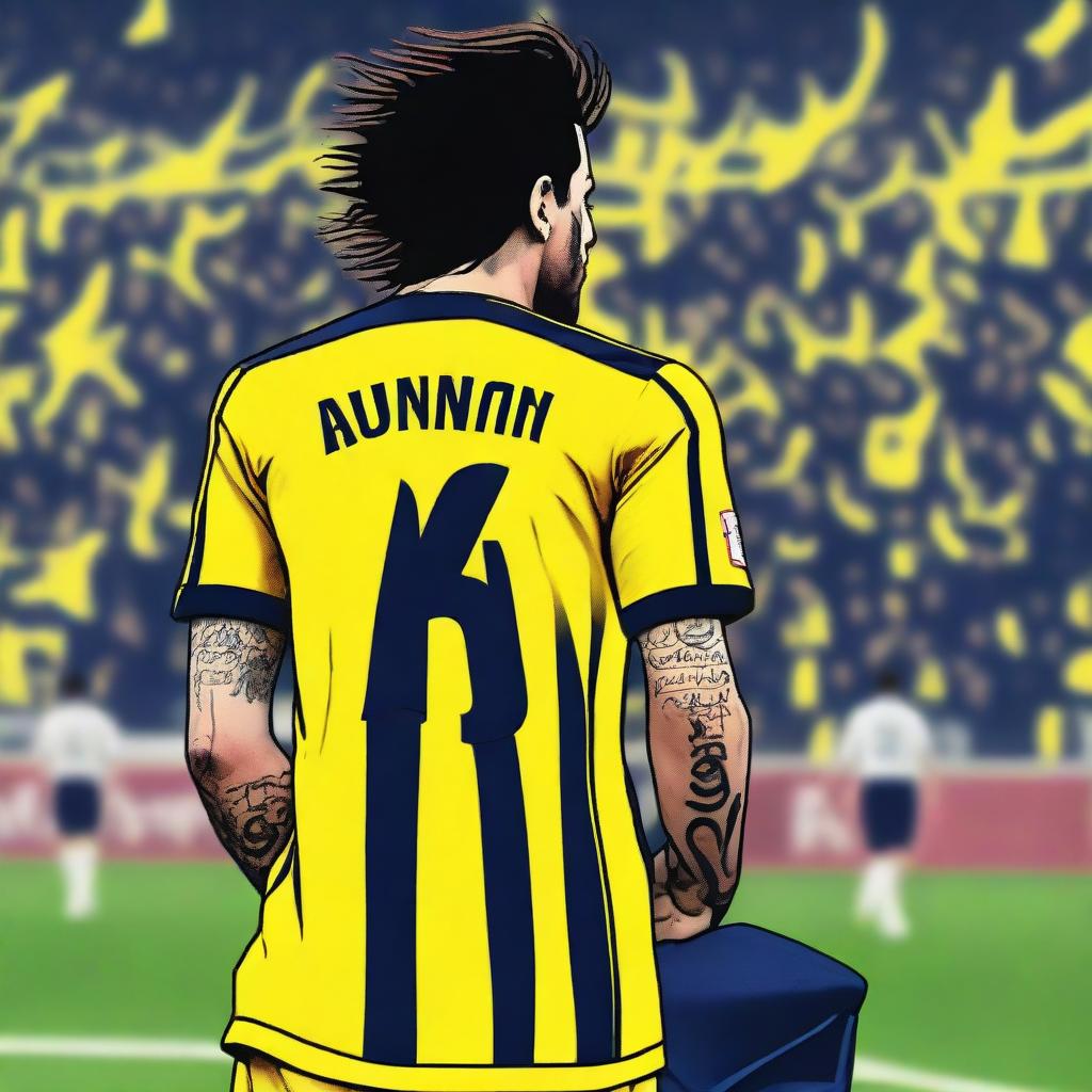 Artistic depiction of 'Bünyamin' from behind, with substantial hair, wearing a sleek striped yellow and navy blue jersey with his name, number '68', and an elegant swallow tattoo on his left arm, confidently stepping onto the pitch at Fenerbahçe Ülker Stadium.