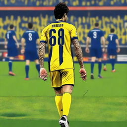 Artistic depiction of 'Bünyamin' from behind, with substantial hair, wearing a sleek striped yellow and navy blue jersey with his name, number '68', and an elegant swallow tattoo on his left arm, confidently stepping onto the pitch at Fenerbahçe Ülker Stadium.