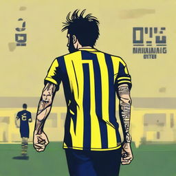 Artistic depiction of 'Bünyamin' from behind, with substantial hair, wearing a sleek striped yellow and navy blue jersey with his name, number '68', and an elegant swallow tattoo on his left arm, confidently stepping onto the pitch at Fenerbahçe Ülker Stadium.