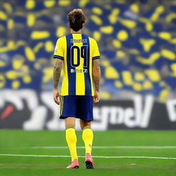 Artistic depiction of 'Bünyamin' from behind, with substantial hair, wearing a sleek striped yellow and navy blue jersey with his name, number '68', and an elegant swallow tattoo on his left arm, confidently stepping onto the pitch at Fenerbahçe Ülker Stadium.