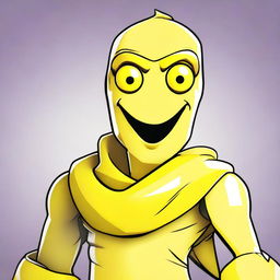 2D outline animated close-up of Fortnite's Peely character, conveying a confused expression with distinctive eyes and vibrant yellow banana skin.