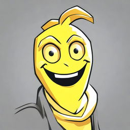 2D outline animated close-up of Fortnite's Peely character, conveying a confused expression with distinctive eyes and vibrant yellow banana skin.