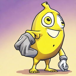 2D outline animated close-up of Fortnite's Peely character, conveying a confused expression with distinctive eyes and vibrant yellow banana skin.