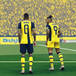 Artistic representation of 'Bünyamin' from the back, in a top knot hairstyle, donned in a sleek striped yellow and navy blue jersey bearing his name and number '68', alongside a tasteful swallow tattoo on his left arm, as he confidently strides onto the Fenerbahçe Ülker Stadium pitch.