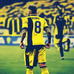 Artistic representation of 'Bünyamin' from the back, in a top knot hairstyle, donned in a sleek striped yellow and navy blue jersey bearing his name and number '68', alongside a tasteful swallow tattoo on his left arm, as he confidently strides onto the Fenerbahçe Ülker Stadium pitch.