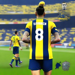 Artistic representation of 'Bünyamin' from the back, in a top knot hairstyle, donned in a sleek striped yellow and navy blue jersey bearing his name and number '68', alongside a tasteful swallow tattoo on his left arm, as he confidently strides onto the Fenerbahçe Ülker Stadium pitch.