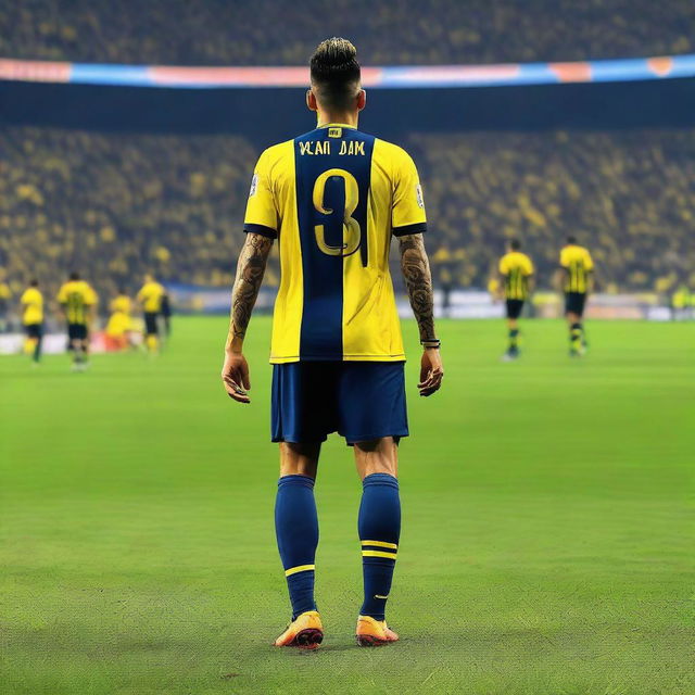 Artistic representation of 'Bünyamin' from the back, in a top knot hairstyle, donned in a sleek striped yellow and navy blue jersey bearing his name and number '68', alongside a tasteful swallow tattoo on his left arm, as he confidently strides onto the Fenerbahçe Ülker Stadium pitch.