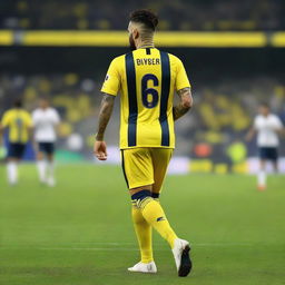 Artistic back view of 'Bünyamin' with a top knot hairstyle, donned in a sleek striped yellow and navy blue jersey adorned with his name and number '68', and an elegant swallow tattoo on his left arm, confidently stepping onto Fenerbahçe Ülker Stadium's pitch.