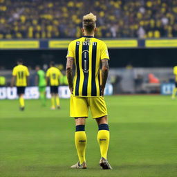 Artistic back view of 'Bünyamin' with a top knot hairstyle, donned in a sleek striped yellow and navy blue jersey adorned with his name and number '68', and an elegant swallow tattoo on his left arm, confidently stepping onto Fenerbahçe Ülker Stadium's pitch.