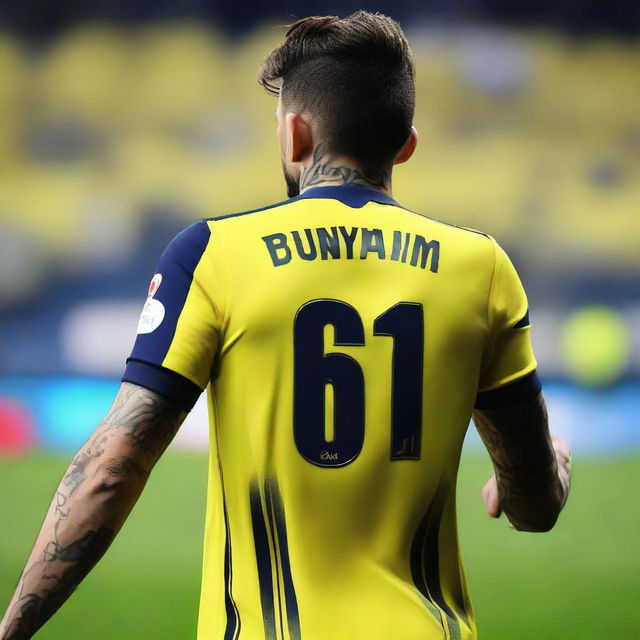 Artistic back view of 'Bünyamin' with a top knot hairstyle, donned in a sleek striped yellow and navy blue jersey adorned with his name and number '68', and an elegant swallow tattoo on his left arm, confidently stepping onto Fenerbahçe Ülker Stadium's pitch.