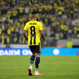 Artistic back view of 'Bünyamin' with a top knot hairstyle, donned in a sleek striped yellow and navy blue jersey adorned with his name and number '68', and an elegant swallow tattoo on his left arm, confidently stepping onto Fenerbahçe Ülker Stadium's pitch.