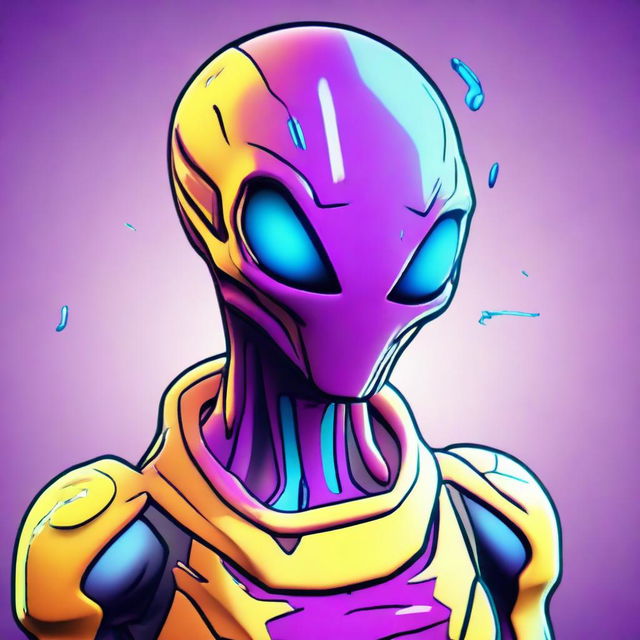 2D outline animated close-up of an alien character from Fortnite, expressing confusion with intricate alien features and vibrant extra-terrestrial colors.