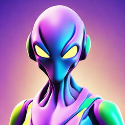 2D outline animated close-up of an alien character from Fortnite, expressing confusion with intricate alien features and vibrant extra-terrestrial colors.