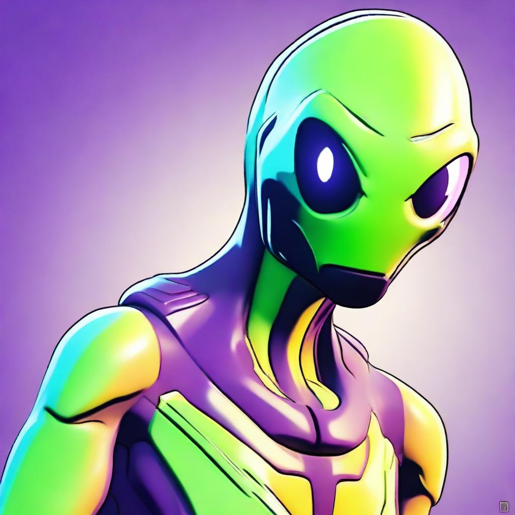 2D outline animated close-up of an alien character from Fortnite, expressing confusion with intricate alien features and vibrant extra-terrestrial colors.