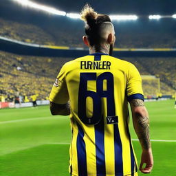 Artistic portrayal of 'OMER' from behind, with a top knot hairstyle, stylishly dressed in a striped yellow and navy blue jersey displaying his name and '68', an intricate swallow tattoo on his left arm, as he steps onto the pitch at Fenerbahçe Ülker Stadium with confidence.