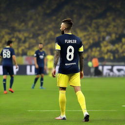 Artistic portrayal of 'OMER' from behind, with a top knot hairstyle, stylishly dressed in a striped yellow and navy blue jersey displaying his name and '68', an intricate swallow tattoo on his left arm, as he steps onto the pitch at Fenerbahçe Ülker Stadium with confidence.