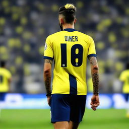 Artistic portrayal of 'OMER' from behind, with a top knot hairstyle, stylishly dressed in a striped yellow and navy blue jersey displaying his name and '68', an intricate swallow tattoo on his left arm, as he steps onto the pitch at Fenerbahçe Ülker Stadium with confidence.