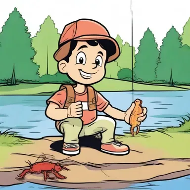 The main character in the comic strip caught a crawdad while fishing at the lake.
