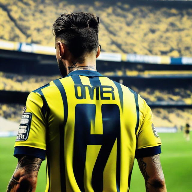 Artistic portrayal of 'OMER' from behind, with a top knot hairstyle, stylishly dressed in a striped yellow and navy blue jersey displaying his name and '68', an intricate swallow tattoo on his left arm, as he steps onto the pitch at Fenerbahçe Ülker Stadium with confidence.