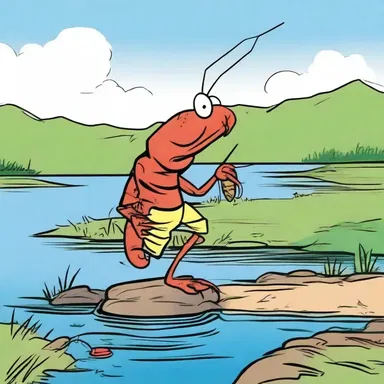 The main character in the comic strip caught a crawdad while fishing at the lake.
