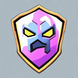 2D outline animated style illustration of a shield from Fortnite with an anthropomorphic confused face, featuring expressive eyes and vibrant metallic colors.