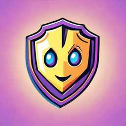 2D outline animated style illustration of a shield from Fortnite with an anthropomorphic confused face, featuring expressive eyes and vibrant metallic colors.