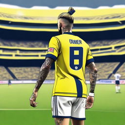 Artistically rendered rear view of 'OMER' with a top knot hairstyle, clad in a sleek yellow and navy blue striped jersey bearing his name, number '68', and an elegant swallow tattoo on his left arm, as he confidently strides onto the Fenerbahçe Ülker Stadium pitch.