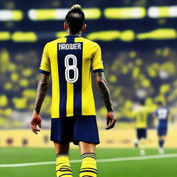 Artistically rendered rear view of 'OMER' with a top knot hairstyle, clad in a sleek yellow and navy blue striped jersey bearing his name, number '68', and an elegant swallow tattoo on his left arm, as he confidently strides onto the Fenerbahçe Ülker Stadium pitch.