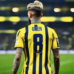 Artistically rendered rear view of 'OMER' with a top knot hairstyle, clad in a sleek yellow and navy blue striped jersey bearing his name, number '68', and an elegant swallow tattoo on his left arm, as he confidently strides onto the Fenerbahçe Ülker Stadium pitch.