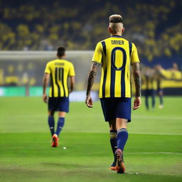 Artistically rendered rear view of 'OMER' with a top knot hairstyle, clad in a sleek yellow and navy blue striped jersey bearing his name, number '68', and an elegant swallow tattoo on his left arm, as he confidently strides onto the Fenerbahçe Ülker Stadium pitch.